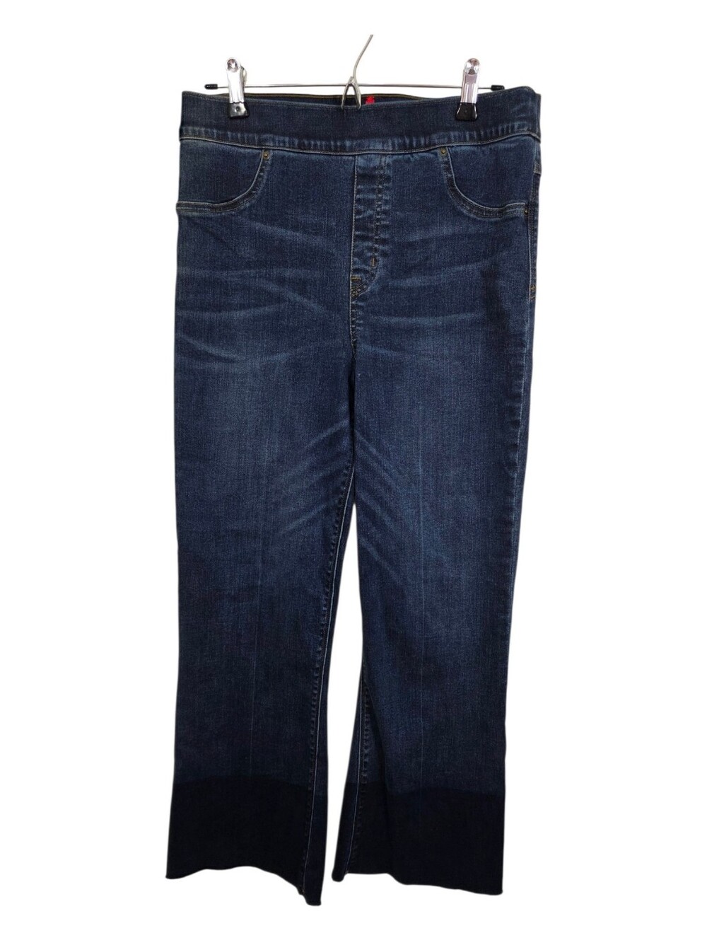 Spanx Cropped Flare Denim Jeans Pull On Slimming Size Large Raw Hem Boho Casual